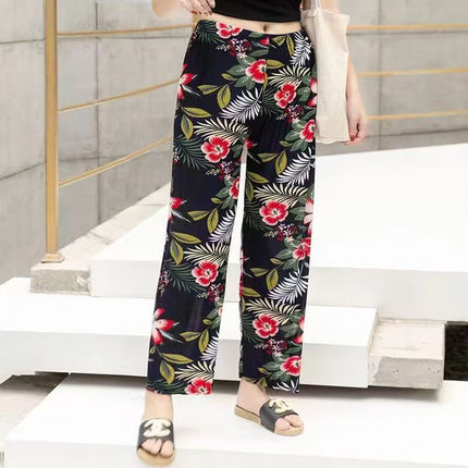 Foreign Trade Plus Size Middle-aged and Elderly Summer Thin Breathable Nine-point Flower Pants Mom Pants Ice Silk Loose Straight Pants