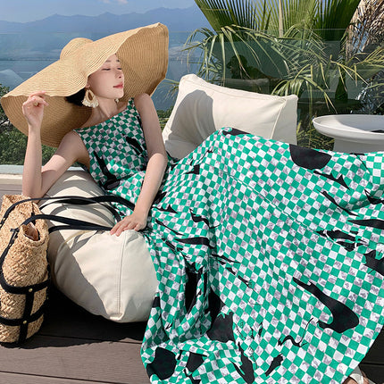 Real Shot Green Checkerboard Dress Women's Artistic Asymmetrical Neck Backless Vacation Strap Long Dress
