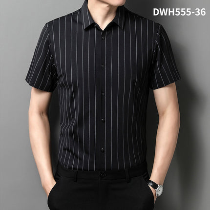 Summer New Vertical Striped Shirt for Men, Short-Sleeved Business Casual High-Elastic Seamless Shirt, Slim Fit Light Business