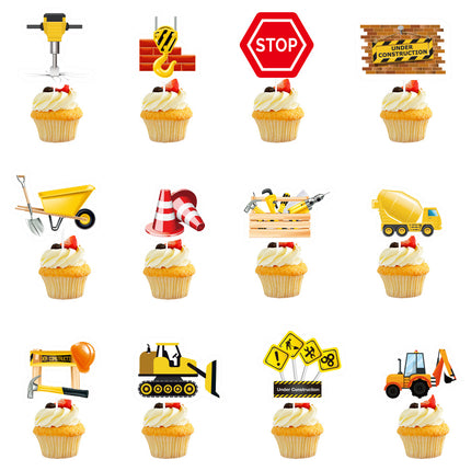 New Cartoon Engineering Vehicle Theme Birthday Party Decoration Flag Cake Insert Excavator Banner Egg Sign Set