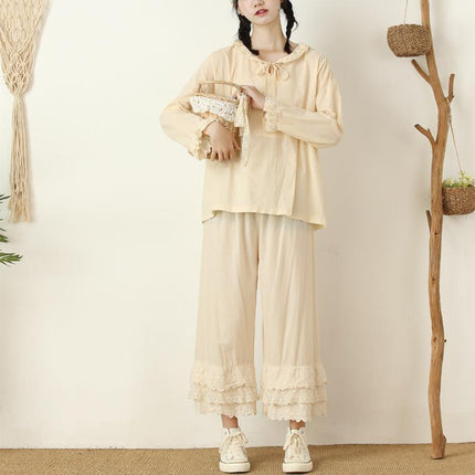 Japanese Women's Sweet and Fresh Wide-leg Pants Multi-layer Lace-trimmed Casual All-match Leggings Cotton and Linen Loose Ankle-length Pants
