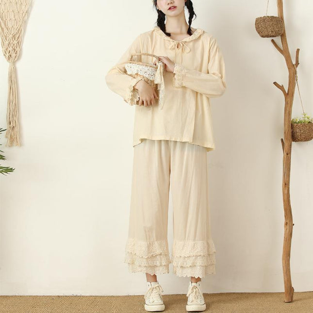 Japanese Women's Sweet and Fresh Wide-leg Pants Multi-layer Lace-trimmed Casual All-match Leggings Cotton and Linen Loose Ankle-length Pants