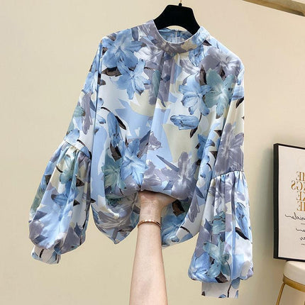 Spring New Fashion Floral Silk Shirt Women's Design Sense Niche Chiffon Lantern Sleeve Shirt Lace Shirt, Snow