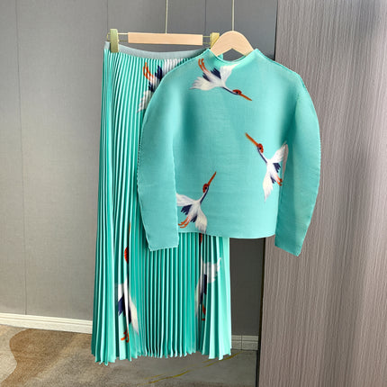 Fashionable casual pleated suit high-grade crane printed high waist skirt long sleeve top two-piece suit women's all-match