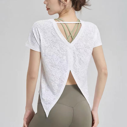 Lu Same Style Yoga Wear Women's Short-Sleeved T-Shirt Breathable Jacquard Slit Strap Elastic Fitness Top Sports Blouse