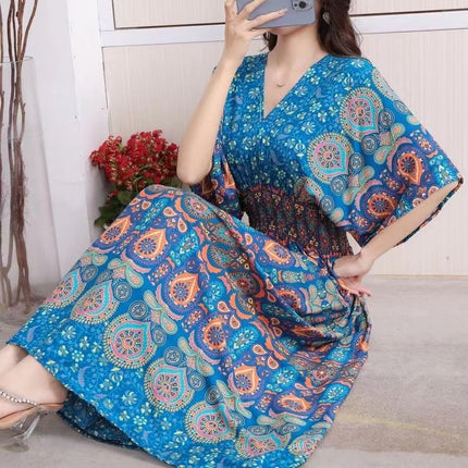 Cross-border ethnic style V-neck cotton silk short-sleeved beach skirt Thailand travel dress summer printed holiday floral skirt
