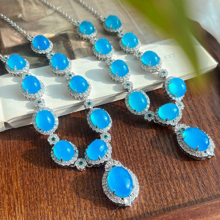 Chinese Style Retro Natural Blue Chalcedony Necklace Evening Chain Ice Chalcedony Necklace Luxury Inlaid Green Chalcedony Four-Piece Set