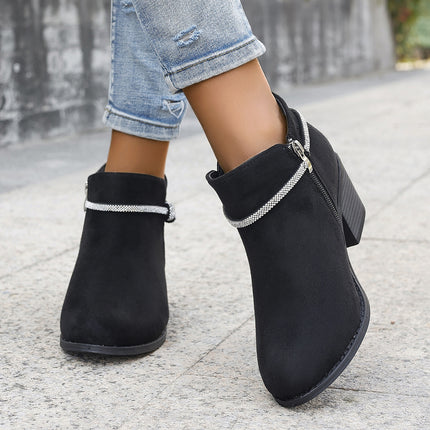 Rhinestone Strap Short Boots Autumn and Winter Fashion Casual Women's Ankle Boots Side Zipper Solid Color Round Toe Chunky Heel Women's Boots