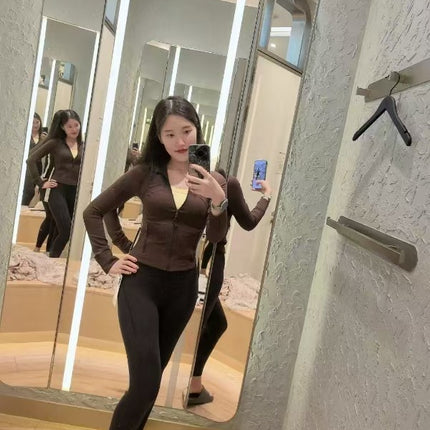 Lulu Yarn Vibration Gold Label Stand Collar Short Jacket Sports Yoga Wear Slimming Sports Jacket for Women