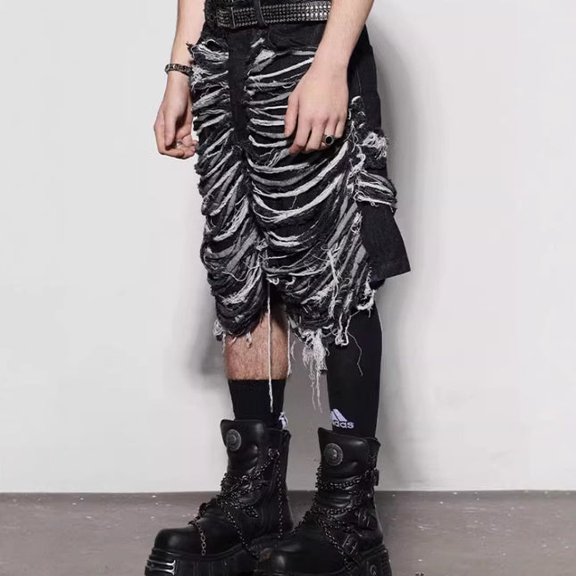 Cross-border European and American High Street Knife Cutting Destruction Design Sense Denim Shorts Men's Street Heavy Industry Straight-leg Wide-leg Five-point Pants