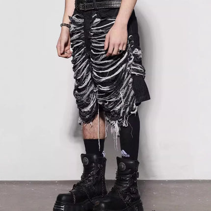 Cross-border European and American High Street Knife Cutting Destruction Design Sense Denim Shorts Men's Street Heavy Industry Straight-leg Wide-leg Five-point Pants