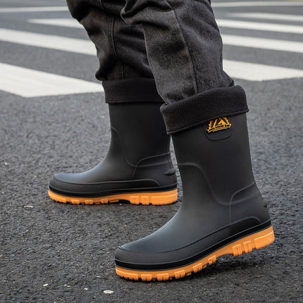 German Mid-Calf Rain Boots Men's Non-Slip Waterproof Mid-Calf Rain Boots Autumn and Winter Cotton Car Wash Work Rubber Shoes Fishing Water Shoes