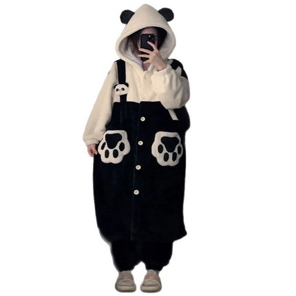 2025 Cartoon Strap Panda Pajamas Women's Winter Coral Velvet Thickened Pajamas Cute Girls Home Clothes Set