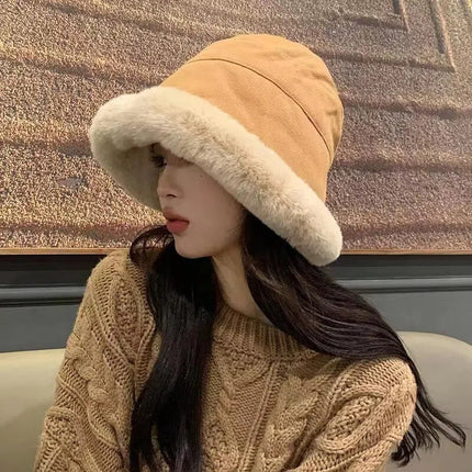 Autumn and Winter Fur Bucket Cap Women's Ear Protection Warm Cycling Lei Feng Cap Japanese Big Head Wai Face Small Mongolian Cap