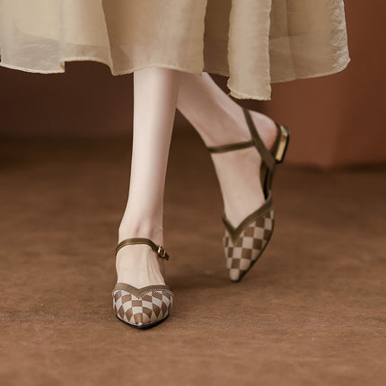 Baotou Women's Sandals, Summer Slippers for Outdoor Wear, Pointed Toe, Genuine Soft Leather, Shallow Mouth, Chunky Heel, Single Strap, Flat Shoes