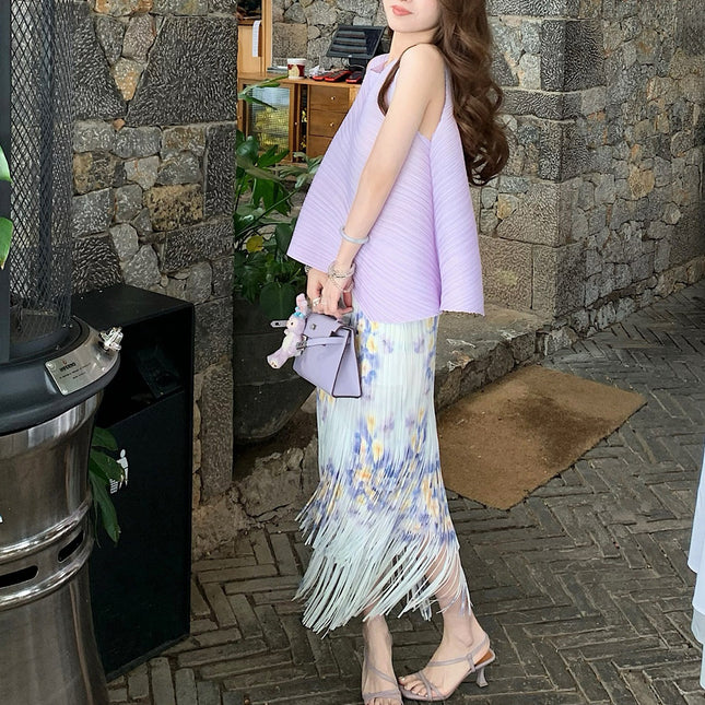 Miyake Summer Women's suit High-end Style with a Set of Tassel Pleated Skirt Sleeveless T-shirt Two-piece Set for Women