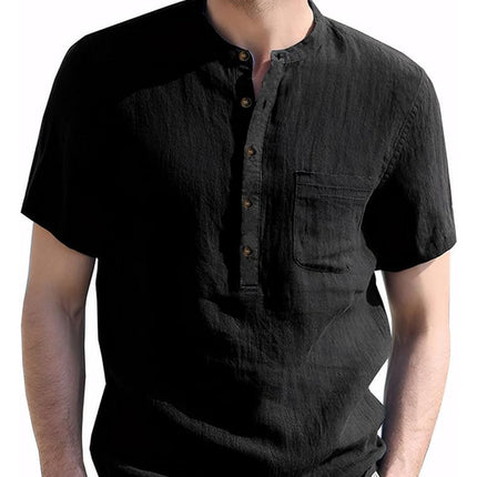 Foreign Trade Cross-Border Men's Henry Collar Solid Color Pocket Short-Sleeved Shirt Amazon European and American Men's Cotton and Linen Shirts