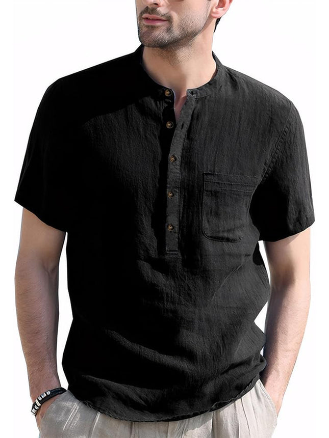 Foreign Trade Cross-Border Men's Henry Collar Solid Color Pocket Short-Sleeved Shirt Amazon European and American Men's Cotton and Linen Shirts
