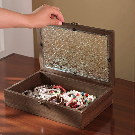 Begonia Flower Glass Storage Box Retro Wooden Desktop Debris Organizer Flip-Top Wooden Box Decoration Dressing Table Jewelry Box