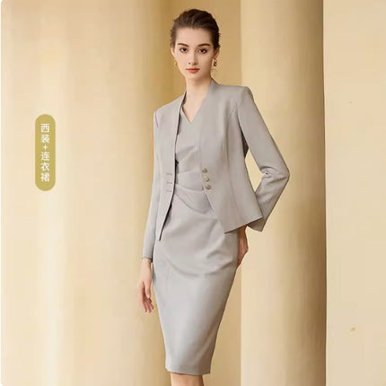 Fashionable Spring and Autumn new women's suit formal wear belly-covering slimming V-neck fashionable mid-length dress suit