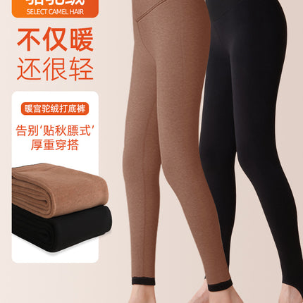 Thickened Camel Wool Leggings for Women, Fleece-Lined Cotton Pants, High-Waisted Slim Fit, Plus-Size Warm Pants for Outdoor Wear