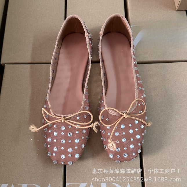 Za Manufacturer Breathable Mesh Sandals with Rhinestone Bow and Starry Sky Ballet-Style Flat Shoes European and American Ballet