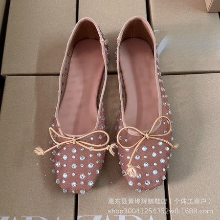 Za Manufacturer Breathable Mesh Sandals with Rhinestone Bow and Starry Sky Ballet-Style Flat Shoes European and American Ballet
