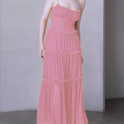 Pink French Design Niche Waist-Cinching Suspender Drapey Long Skirt with Open Back for Spring and Summer