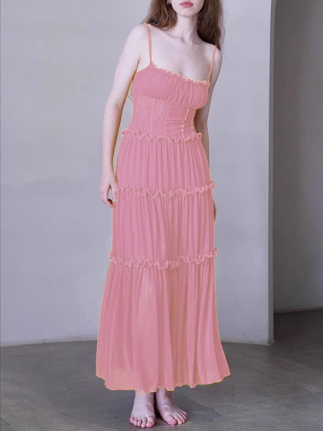 Pink French Design Niche Waist-Cinching Suspender Drapey Long Skirt with Open Back for Spring and Summer