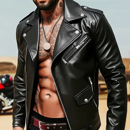 Cross-Border Men's Motorcycle Pu Leather Jacket Street Motorcycle Functional Style European and American Leather Jacket Fitted Handsome Zipper Leather Jacket