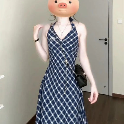 French style plaid suspenders dress women's 2025 new summer small a set of wear long skirt