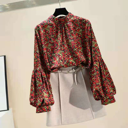 Spring New Fashion Floral Silk Shirt Women's Design Sense Niche Chiffon Lantern Sleeve Shirt Lace Shirt, Snow