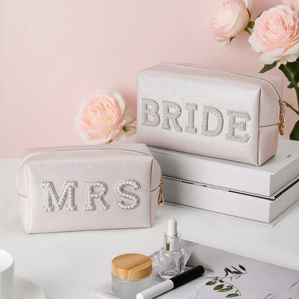 Cross-Border Exclusive Pearl Letter Cosmetic Bag Bridal Wedding Mrs/Bride Makeup Storage Bag Amazon Bestseller