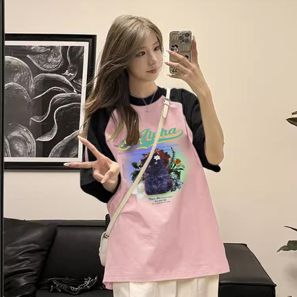 Summer Pure Cotton Plus Size Loose Raglan Short-Sleeve T-Shirt for Women, Korean Style Slimming Printed Hong Kong Style Half-Sleeve Top