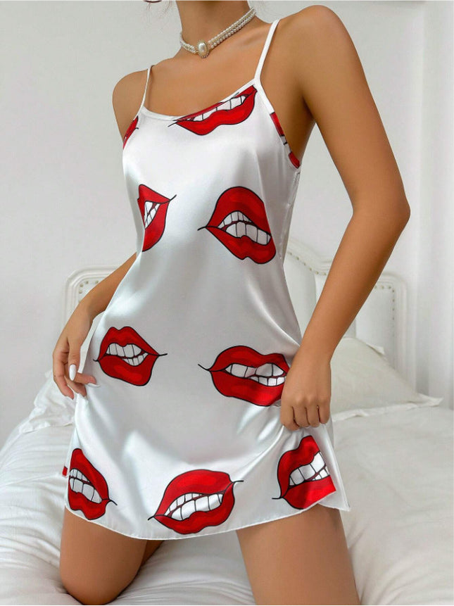 Cross-Border Foreign Trade Sexy Backless Suspender Dress Imitation Silk Nightgown Summer Printed Pajamas Short Skirt Women's Home Clothes