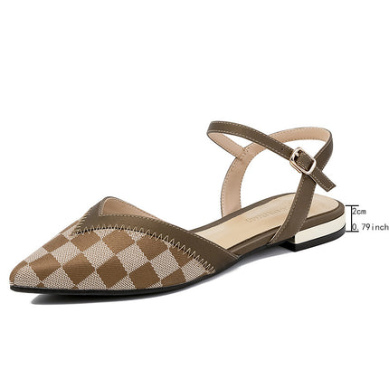 Baotou Women's Sandals, Summer Slippers for Outdoor Wear, Pointed Toe, Genuine Soft Leather, Shallow Mouth, Chunky Heel, Single Strap, Flat Shoes
