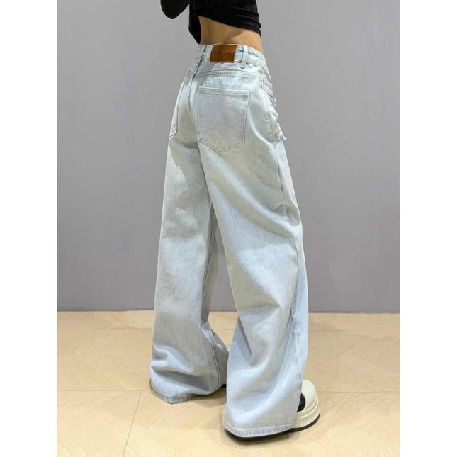 Light-Colored Washed Ripped Tassel Jeans for Women 2025 Spring New Casual Slim Design Loose Floor-Length Pants