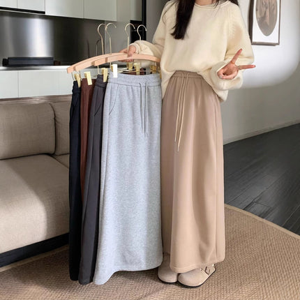 Korean Style Fleece-Lined Skirt for Women, Autumn and Winter 2025 New Drawstring High-Waisted Straight Casual Skirt, Versatile A-Line Long Skirt