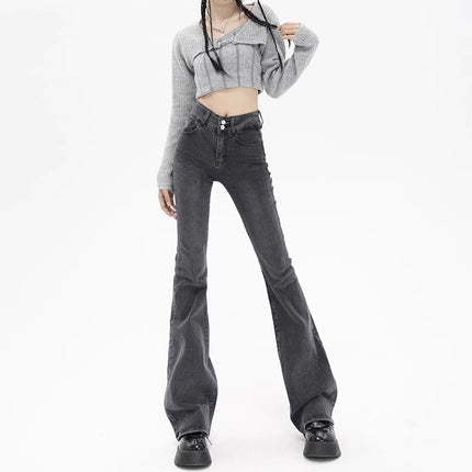 Grey Micro La Jeans Women's Autumn Trendy All-match New American Style Slim Look High Waist Stretch Horseshoe Trousers