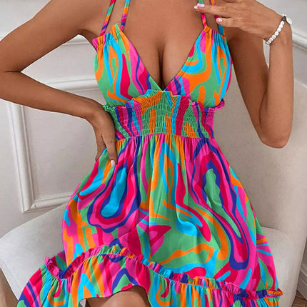 European and American Amazon Cross-Border Popular Women's Clothing Deep V Rope Suspender Parallel Pleated Sexy Dress Beach Degree