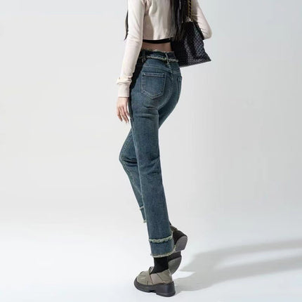 Vintage High Waist Jeans Women's 2024 Summer New Design Sense Rough Edge Slimming Loose Cropped Straight Pipe Pants