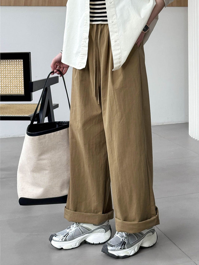 Orange Zhi Spring New Style Work Pants for Women, High-Waisted Loose Casual Pants, Women's Elastic Waist Wide-Leg Pants 24005