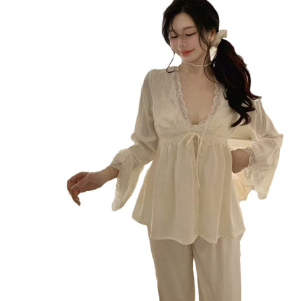 Spring and Autum New Women's Ice Silk Sexy Pure Desire Pajamas Short Outwear Suspenders Pants Three-Piece Set Home Outing Clothes