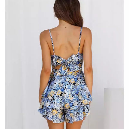 2022 European and American women's new sleeveless pleated back strap printed suspender jumpsuit skirt 031#