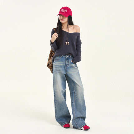 Vintage Washed Crease Wide Leg Jeans Women's Autumn and Winter 2024 New Straight Loose High Waist Slimming Mop Pants