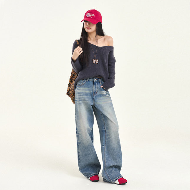 Vintage Washed Crease Wide Leg Jeans Women's Autumn and Winter 2024 New Straight Loose High Waist Slimming Mop Pants