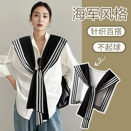 Korean Style Navy Style Internet Celebrant Shawl Women's Black and White Striped Outer Shirt Spring and Autumn Knitted False Collar Air-conditioned Room Shoulder