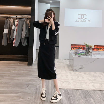 Real Shot 2025 Spring and Autumn Baseball Suit Coat Women's Ribbon Contrast Color Zipper Coat Women's Medium-length Dress Slim-fit Fashion Women