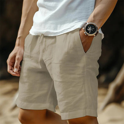 New Cross-Border Cotton and Linen Shorts with Drawstring Elastic Waist, Straight-Leg, Solid Color, Breathable, Everyday Beach Casual Mid-Length Shorts
