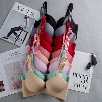One-piece seamless non-steel ring smooth solid color bra summer thin thick gathered bra underwear women's factory direct sales
